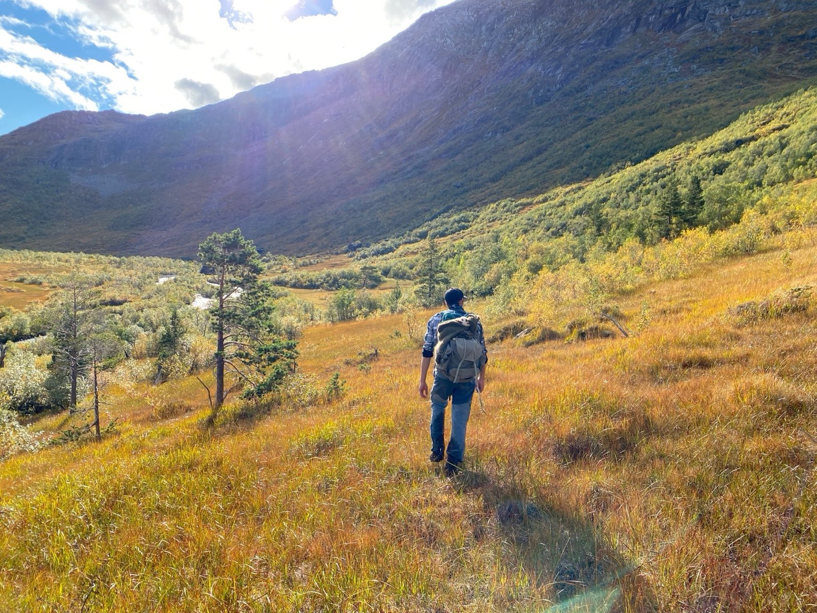 Turgåer på sti gjennom en frodig dal i Trollheimen